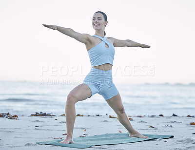 Buy stock photo Woman, yoga and fitness on beach, meditation and training on sand, balance and happy with healthy lifestyle in Bali. Young female, exercise and pilates workout at sea, ocean and nature for wellness