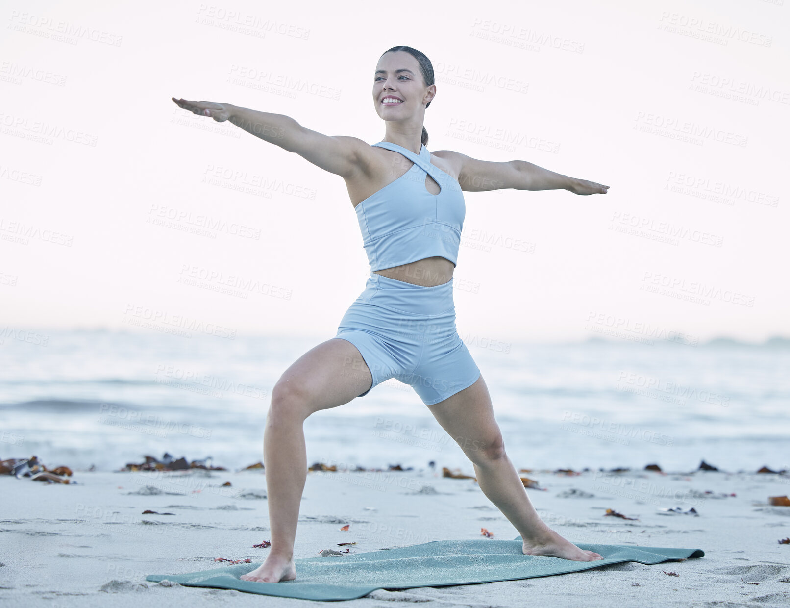 Buy stock photo Woman, yoga and fitness on beach, meditation and training on sand, balance and happy with healthy lifestyle in Bali. Young female, exercise and pilates workout at sea, ocean and nature for wellness