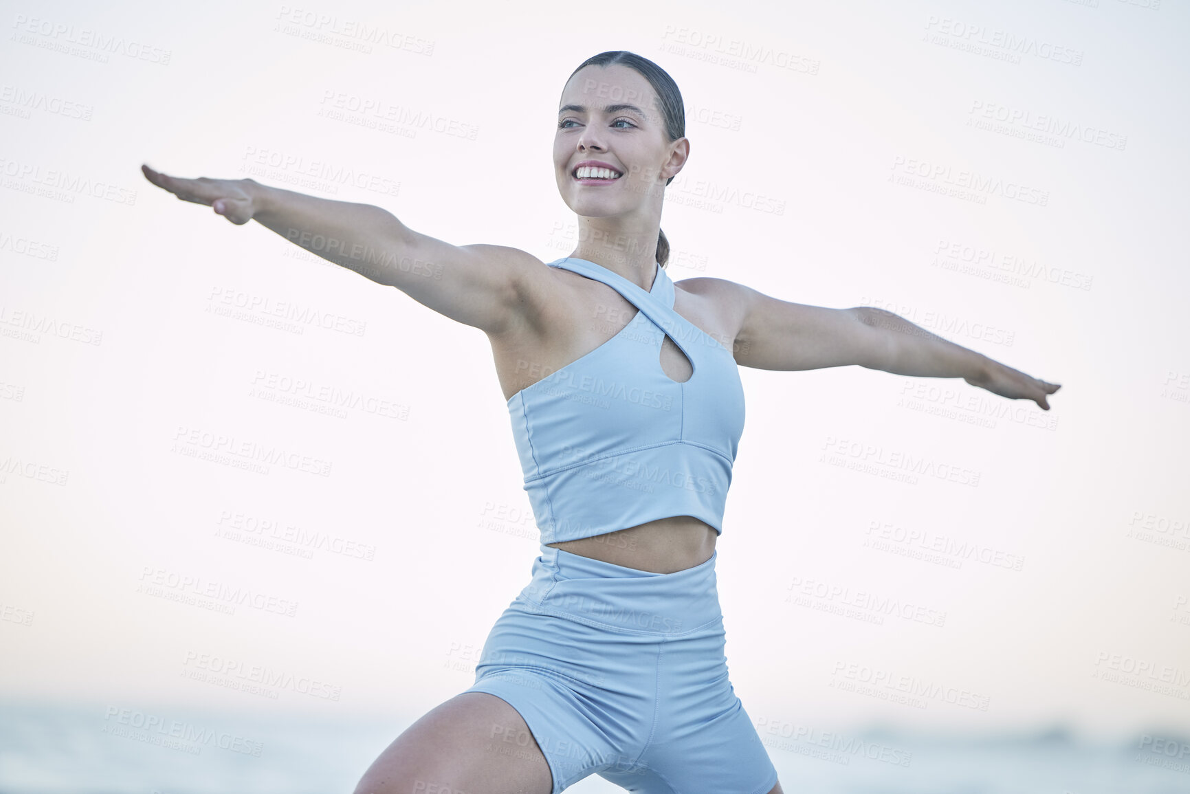 Buy stock photo Fitness, stretch and woman exercise or workout in nature at sunset for health and wellness. Pilates, body and happiness with a fit, strong female or personal trainer doing warrior two yogi pose