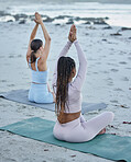 Beach yoga, back of friends and women stretching outdoors for health, wellness and mobility. Zen chakra, meditation and hands up prayer pose with girls training for mindfulness, peace and wellness.
