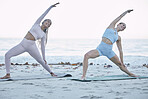 Yoga, fitness friends and beach workout with exercise partner for balance, zen and peace while happy outdoor in nature. Women together for pilates training for health and wellness for morning routine