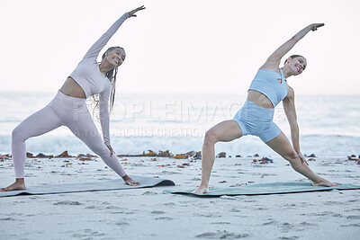 Buy stock photo Yoga, fitness friends and beach workout with exercise partner for balance, zen and peace while happy outdoor in nature. Women together for pilates training for health and wellness for morning routine