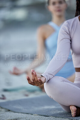 Buy stock photo Yoga class, meditation and beach women or friends with calm, zen and peace for fitness, wellness and outdoor mental health. Diversity, spiritual and mindfulness people in pilates or meditate together
