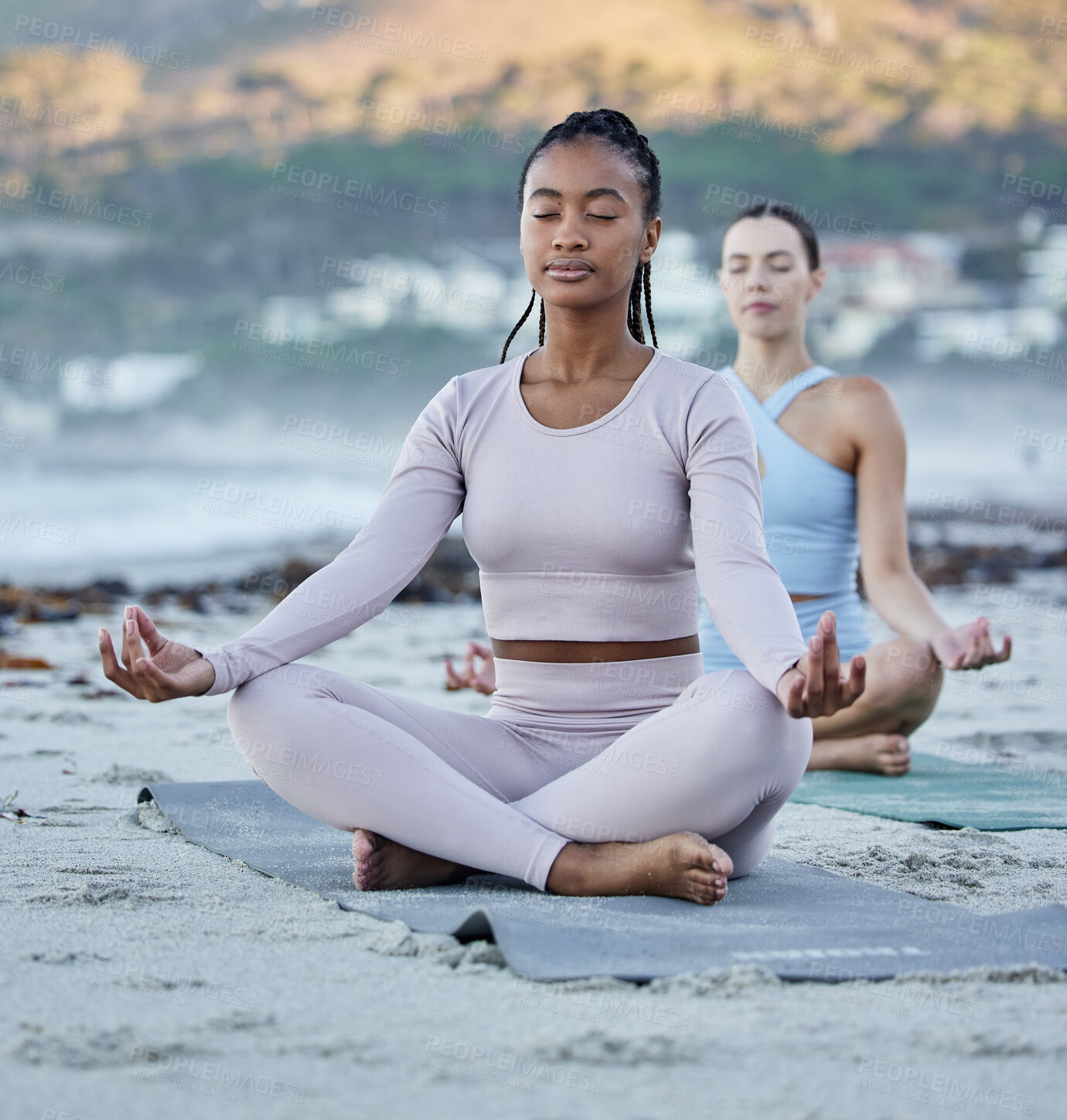 Buy stock photo Beach meditation, diversity and yoga women meditate for chakra energy healing of soul, aura or spiritual balance. Freedom, lotus and zen people relax on sand for mindset peace, pilates or mindfulness