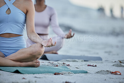 Buy stock photo Hands, yoga and friends on the beach for spiritual health and wellness workout or exercise. Training, friendship and yogi women meditating on yoga mats on the seaside sand for grattitude and mindset