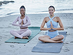 Beach, peace and meditation yoga friends together for self care lifestyle practice in California, USA. Relax, wellness and calm mindset of yogi people in interracial friendship at ocean to meditate.