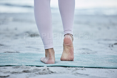Buy stock photo Woman, bare feet and beach yoga exercise, workout and stretching ankle on sand for zen energy, healthy lifestyle or body wellness. Closeup, foot and fitness at ocean for pilates, balance and training