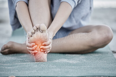 Buy stock photo Foot, injury and pain with a woman holding her sole during fitness exercise with digital CGI or overlay. Workout, training and beach with a female athlete suffering from a sore joint or bone