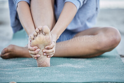 Buy stock photo Woman, injury and foot pain from beach yoga, exercise and health. Closeup female massage joint pain of bare feet, muscle and orthopedic accident, problem and podiatry risk from pilates workout at sea