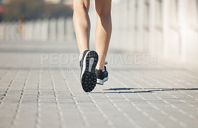 Buy stock photo Runner, feet and woman on path to run for fitness, training and outdoor city workout. Exercise, health and wellness, close up sports shoes, girl running with motivation for growth at race or marathon