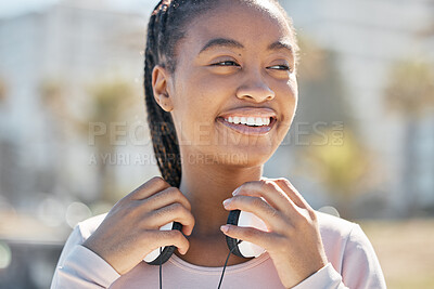 Buy stock photo Start, fitness or black woman with headphones in nature or park ready for training, exercise or workout in Miami. Sports, healthy or happy girl athlete smiles before running outdoors in summer alone