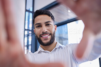Buy stock photo Business man, hands and selfie with a smile for pride, motivation and happy social media post or update as leader or manager. Morocco entrepreneur with hand frame challenge for success profile update