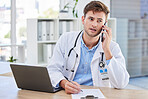 Phone call, laptop and medical with doctor writing in office for schedule, consulting and life insurance. Checklist, agenda and application with man and paperwork for healthcare, data and pharmacy