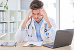 Man, doctor or stress headache and clipboard paper, test results or life insurance documents in hospital office. Anxiety, thinking or burnout for healthcare worker with laptop technology or research