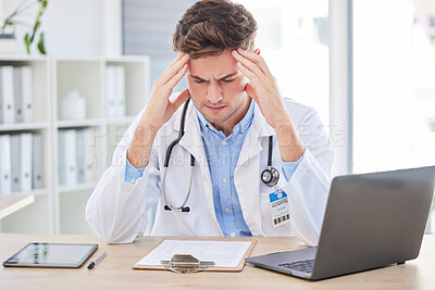 Buy stock photo Man, doctor or stress headache and clipboard paper, test results or life insurance documents in hospital office. Anxiety, thinking or burnout for healthcare worker with laptop technology or research