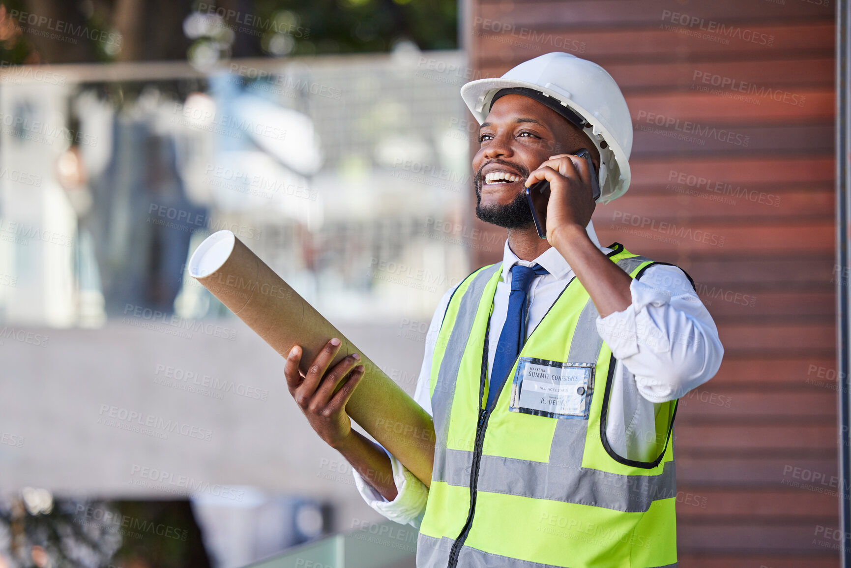 Buy stock photo Black man, phone call and architect with construction and architecture, communication and businessman on construction site, networking and blueprint. Phone, call and happy with engineer and building.