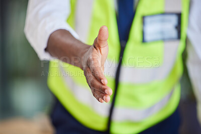 Buy stock photo Black man, architect and handshake for b2b, partnership or meeting for introduction at the workplace. Hand of African American male employee engineer for agreement deal, greeting or welcome