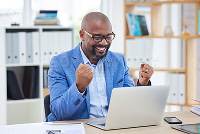 Buy stock photo Black man, business and winner with success and yes, professional achievement, laptop and new deal, reach target goal and kpi. Businessman, victory celebration in office and corporate goals with win.