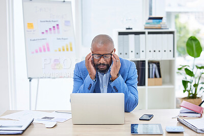 Buy stock photo Black man, headache and stress, burnout and anxiety with job, professional depression and finance businessman, glitch or 404 on laptop. Technology, graphs and office, mistake with fail and frustrated