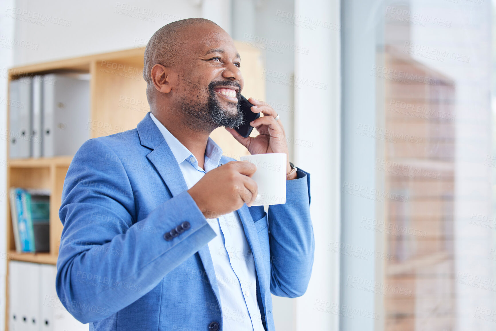 Buy stock photo Success, communication and black man on a phone call in office talking, in discussion and virtual conversation. Leader, corporate business and male entrepreneur networking on smartphone with coffee