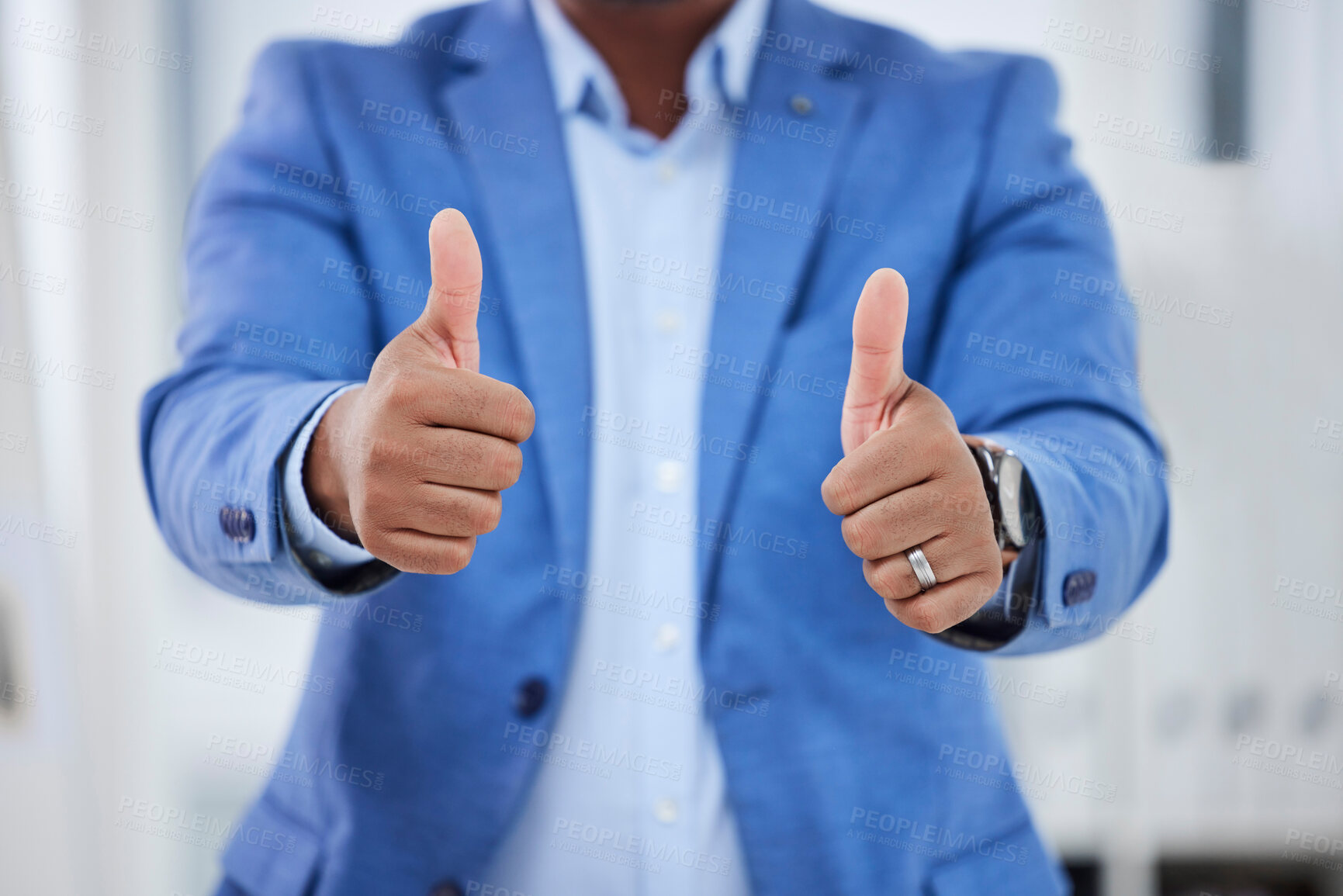 Buy stock photo Success, winner and thumbs up with hands of businessman for support, approval and feedback. Thank you, yes and vote with black man and review sign for agreement, achievement and praise opinion