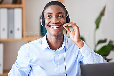 Buy stock photo Call center, consulting and smile with businessman in office for telemarketing, customer service and technical support.  Help desk, contact us and crm with black man and microphone for sales advisory