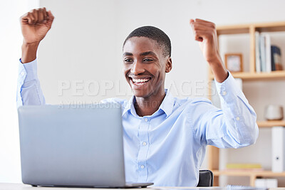 Buy stock photo Black businessman, laptop and office with celebration, winning and success on stock market with smile. Happy black man, winner and celebrate for profit in crypto, stock investment or trading online