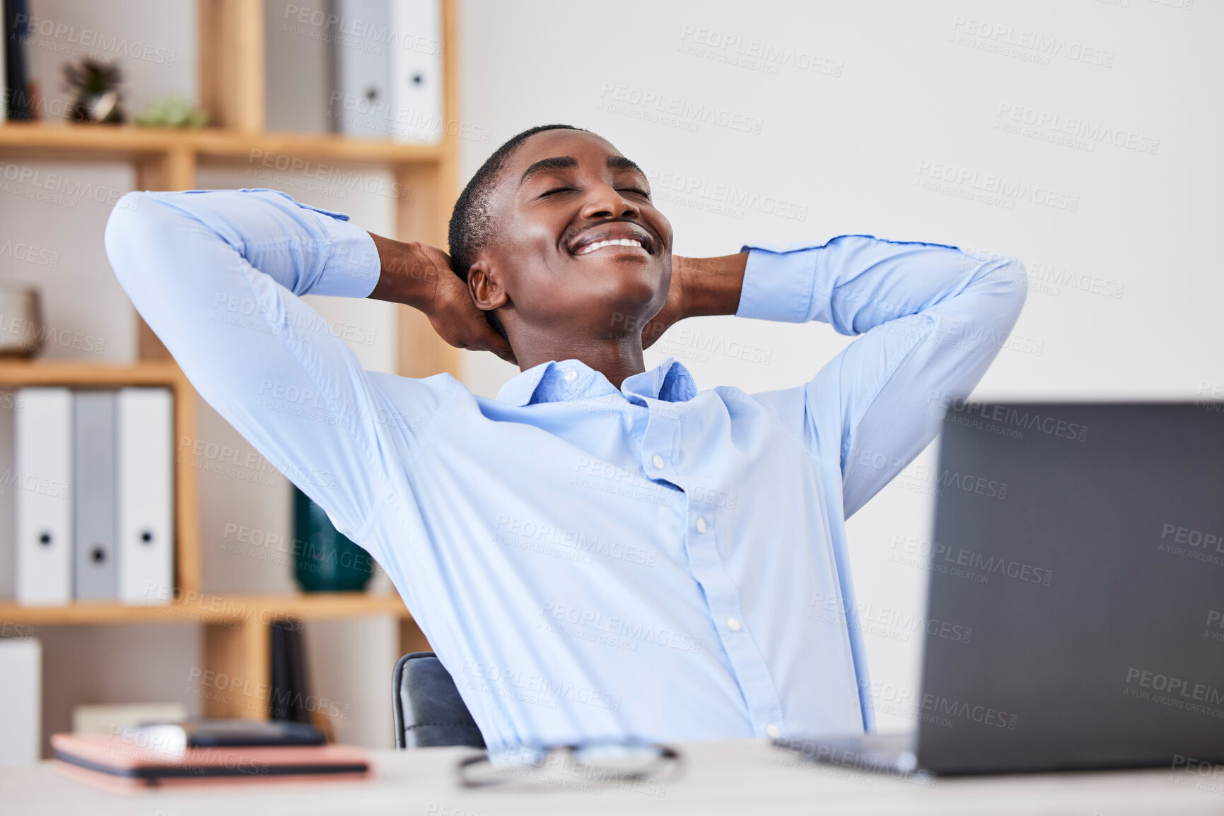 Buy stock photo Success, relax or businessman in office building with peace, freedom or calm on work break with sales goals done. Thinking, dreaming or happy black man resting or relaxing with pride from job target