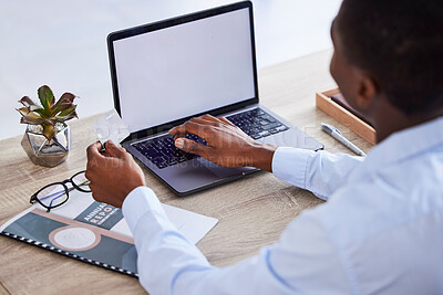 Buy stock photo Credit card, laptop mockup and businessman with fintech, ecommerce or online shopping website for financial wealth, payment and startup loan. Corporate hands, finance black man and banking on screen