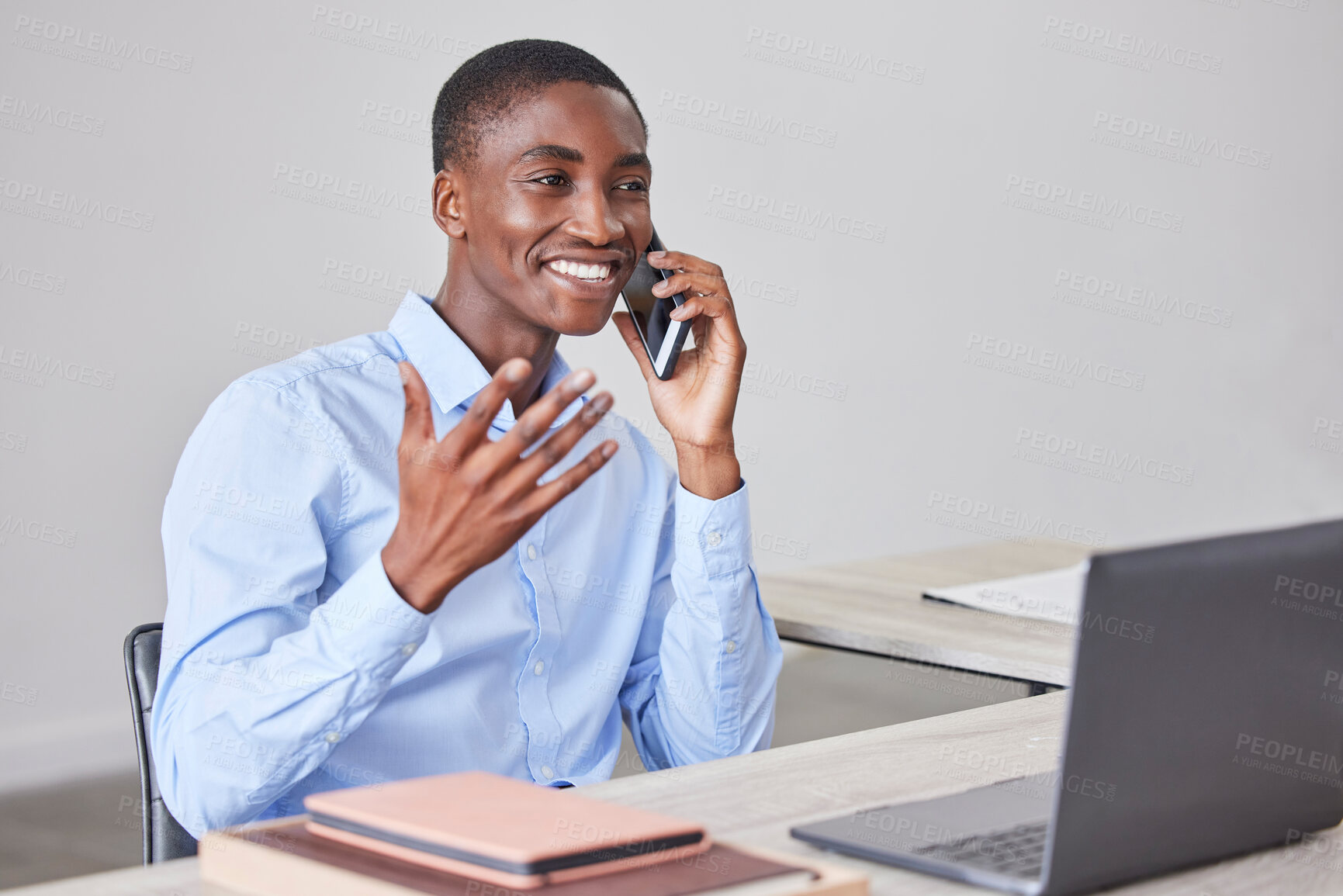 Buy stock photo Business man, phone call and office employee talking about consulting schedule at a desk. Black man, phone communication and working businessman online with conversation about company strategy