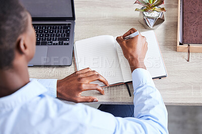 Buy stock photo Businessman, writing in notebook and planning corporate schedule, calendar and brainstorming idea for lead generation. Black man, write contact list in book and working on advertising strategy goal 
