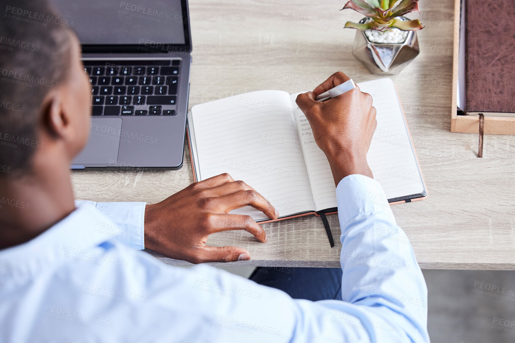 Buy stock photo Businessman, writing in notebook and planning corporate schedule, calendar and brainstorming idea for lead generation. Black man, write contact list in book and working on advertising strategy goal 
