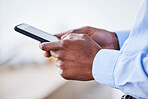 Hands, smartphone and typing for social media, communication or search internet. Closeup, phone and connection for online reading, conversation and website to check email, texting or posting to relax