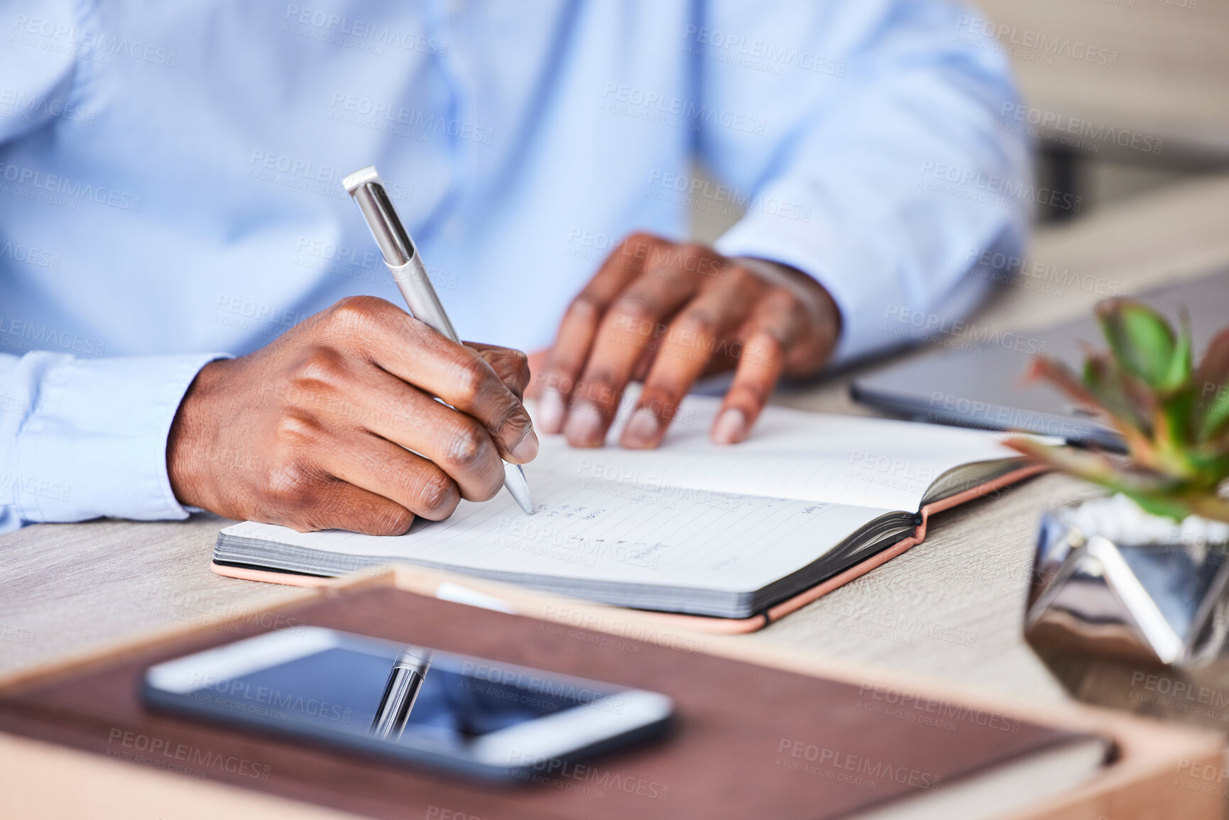 Buy stock photo Business, man and writing in a notebook to plan a corporate strategy and ideas for development. Book, write and hand on paper to develop a professional idea while brainstorming at his desk