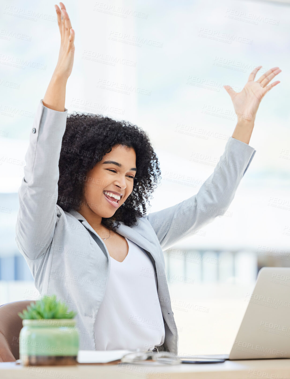 Buy stock photo Laptop, happy celebration and black woman excited with achievement of kpi target goals, finance profit or stock market growth. Crypto trading, economy and trader celebrate bitcoin investment success