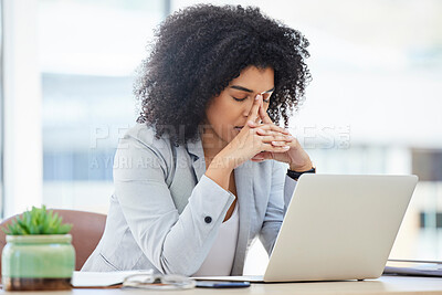 Buy stock photo Stress, anxiety and burnout with a business black woman at work using a laptop while suffering from a headache. Compliance, computer and mental health with a female employee struggling on a deadline