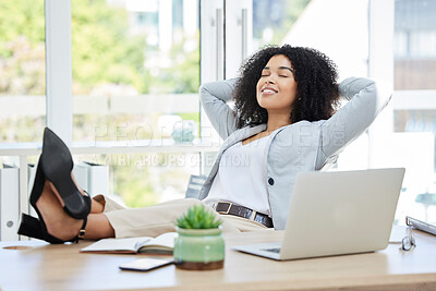 Buy stock photo Business woman, feet up and relax with laptop on office desk while happy about productivity, success and career choice as boss, leader or manager. Black female entrepreneur done and finish with work