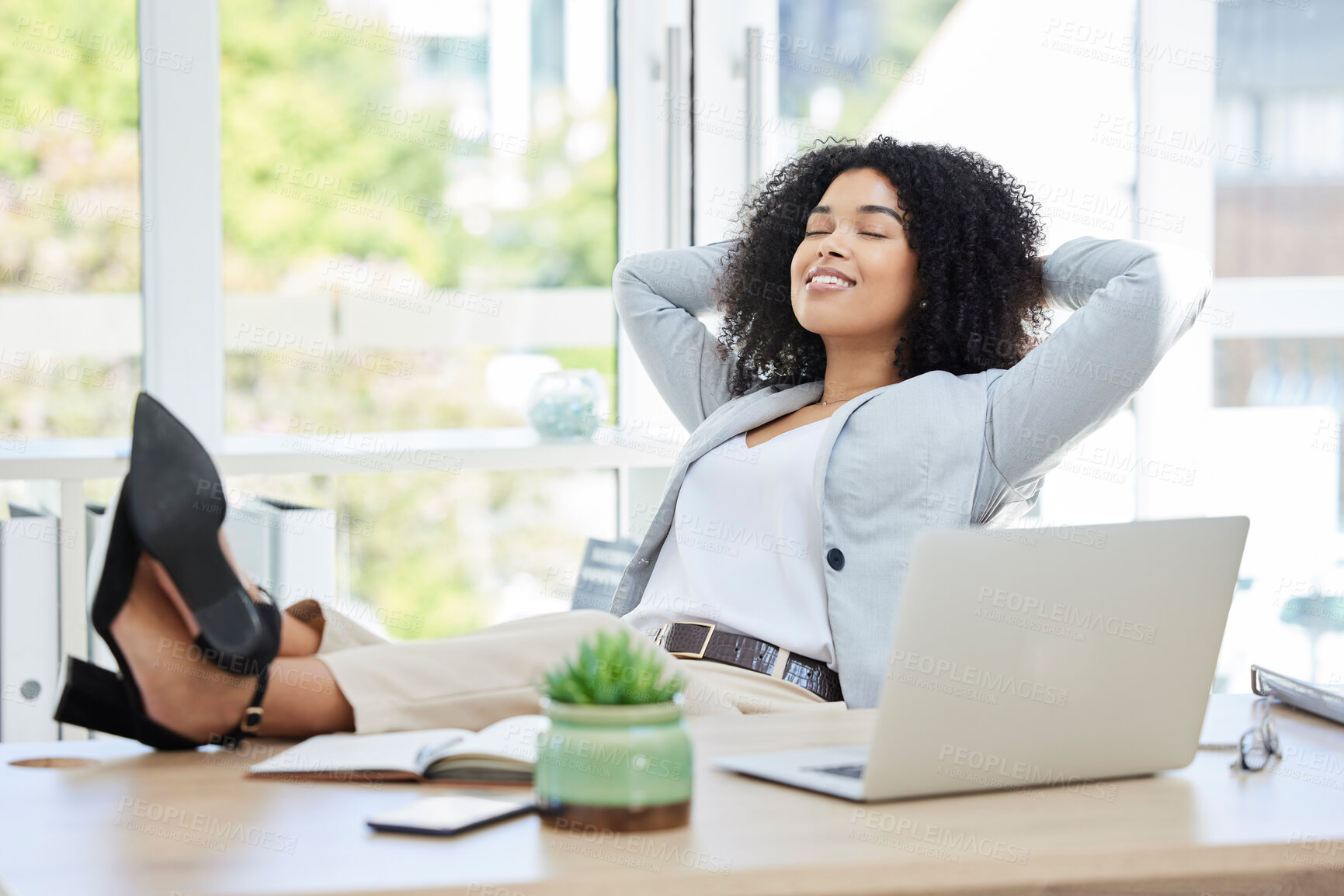 Buy stock photo Business woman, feet up and relax with laptop on office desk while happy about productivity, success and career choice as boss, leader or manager. Black female entrepreneur done and finish with work