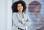 Black woman, business and startup portrait with reflection, smile and happy with entrepreneur, ceo and professional mockup. Executive, leadership and pride, career goals and female business owner.