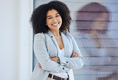 Buy stock photo Black woman, business and startup portrait with reflection, smile and happy with entrepreneur, ceo and professional mockup. Executive, leadership and pride, career goals and female business owner.