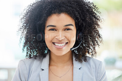 Buy stock photo Call center, smile and portrait of business woman for customer service, consulting and technical support. Help desk, advisory and telemarketing with black woman and microphone for phone call sales