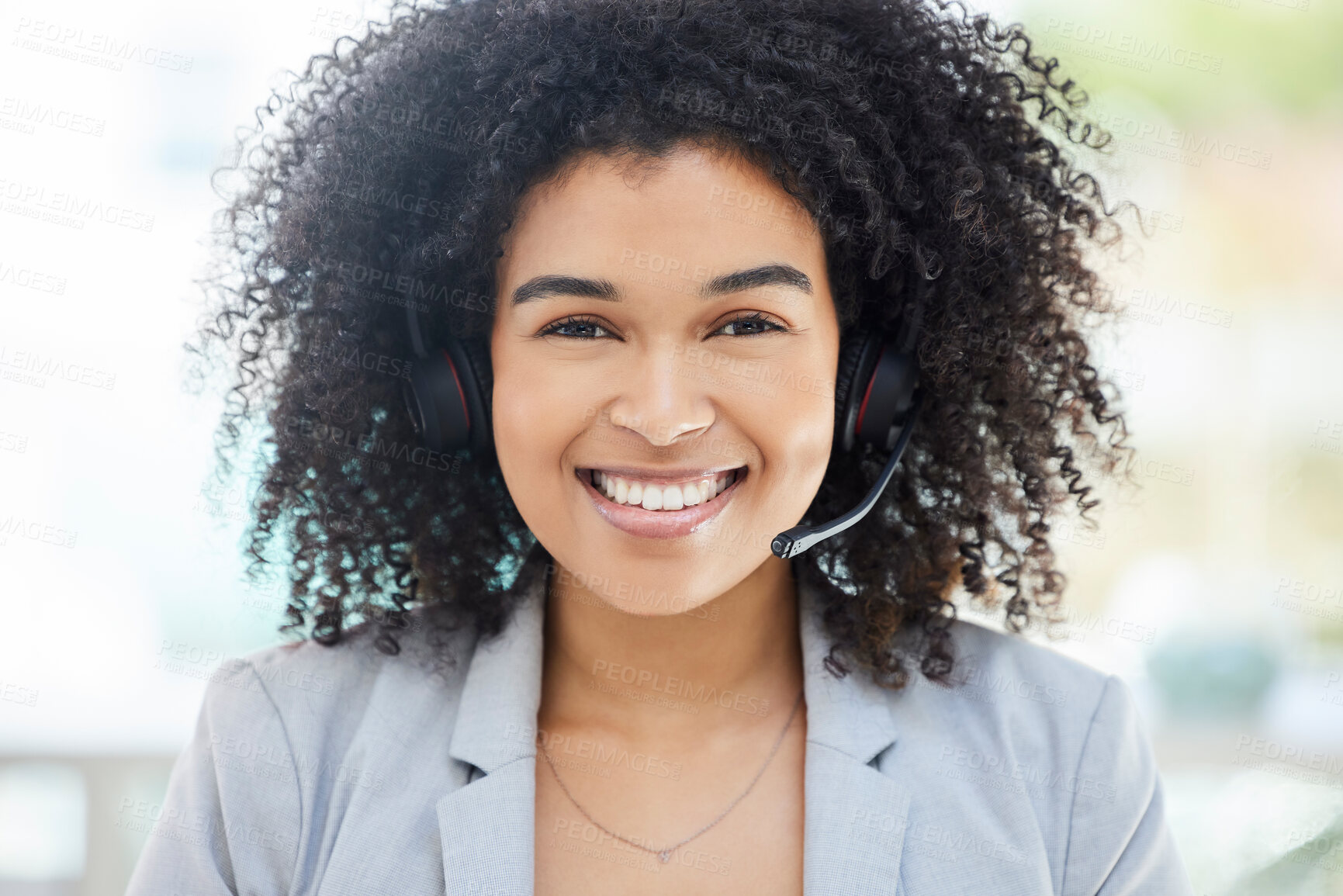 Buy stock photo Call center, smile and portrait of business woman for customer service, consulting and technical support. Help desk, advisory and telemarketing with black woman and microphone for phone call sales