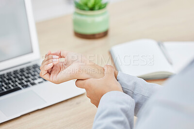 Buy stock photo Laptop, hands or woman with carpal tunnel syndrome, pain or injury from typing on computer keyboard. Arthritis risk, crisis problem or worker with notebook and hurt wrist from planning event schedule