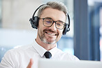 Call center, customer support and senior man talking to client in telemarketing, friendly service and crm company. Communication, contact us and male consulting agent with headset in customer service