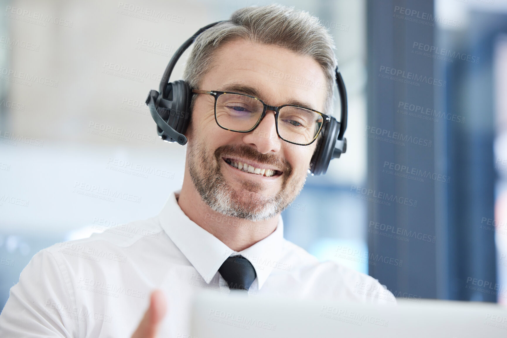 Buy stock photo Call center, customer support and senior man talking to client in telemarketing, friendly service and crm company. Communication, contact us and male consulting agent with headset in customer service