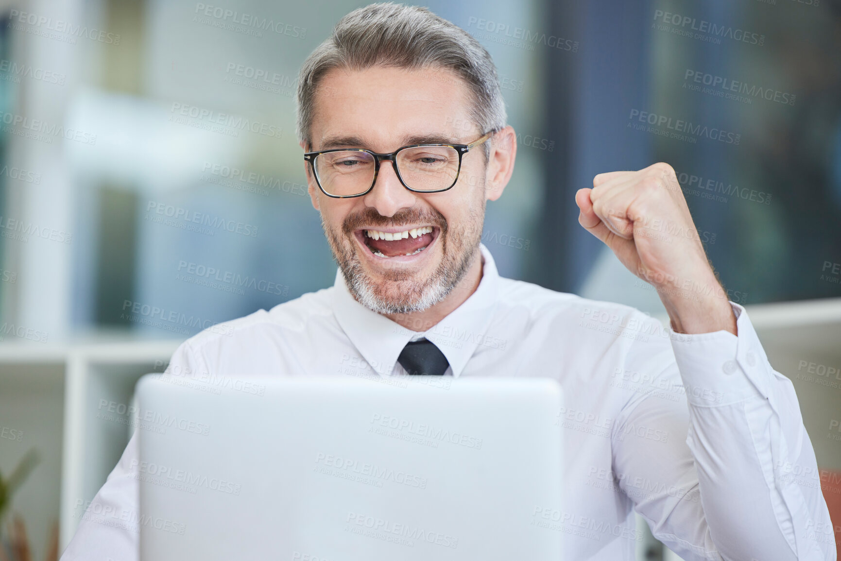 Buy stock photo Winner, laptop or businessman for cryptocurrency success, investment or bitcoin growth in office with smile. Happy, hand fist or man for winning stock market, stock sale or financial trading target