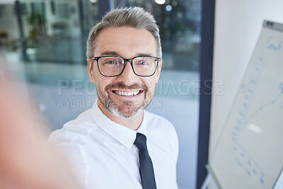 Buy stock photo Businessman, selfie and happy smile at marketing and advertising company, glasses and social media picture. Mature man, corporate worker or employee with photo, happiness and smiling in workplace