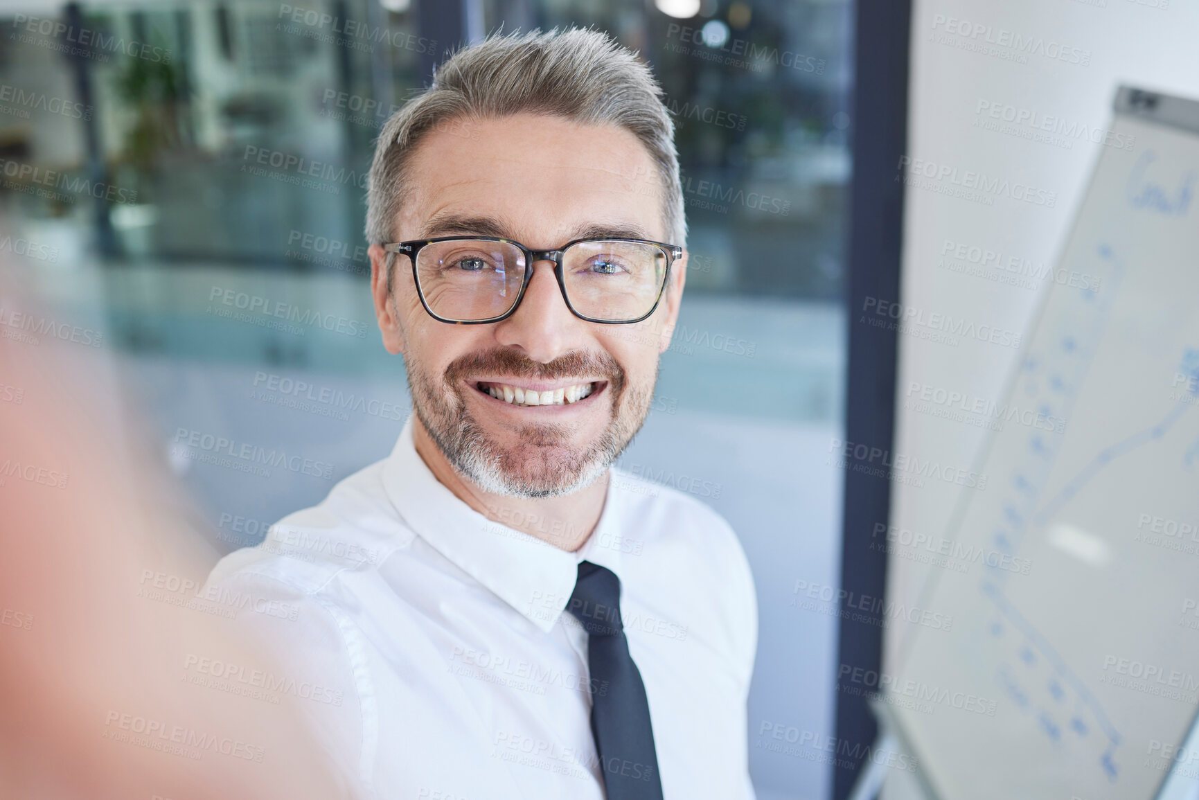 Buy stock photo Businessman, selfie and happy smile at marketing and advertising company, glasses and social media picture. Mature man, corporate worker or employee with photo, happiness and smiling in workplace