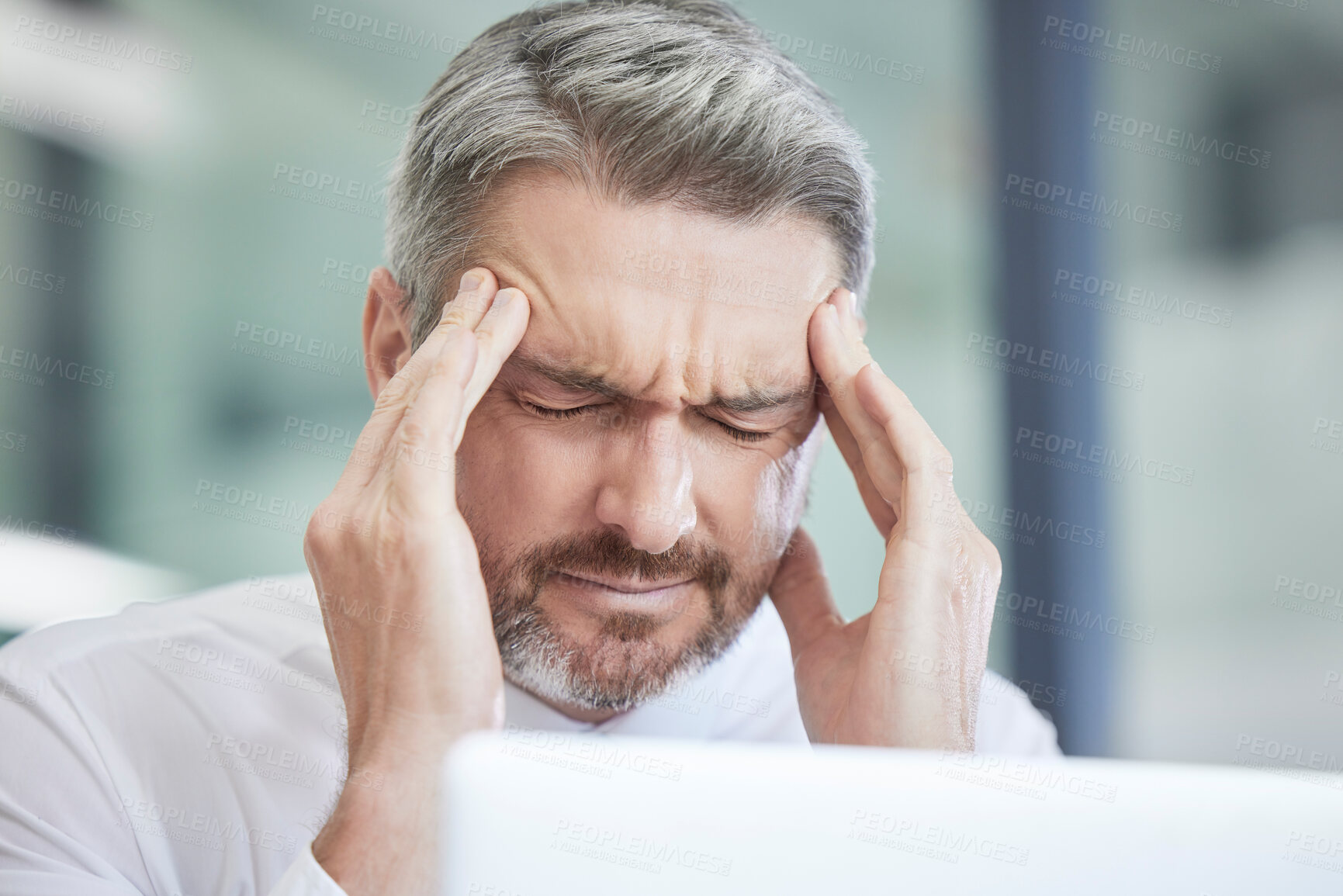 Buy stock photo Headache, work stress and burnout of a business man with a 404 computer glitch in a office. Anxiety, head pain and web mistake of a accounting tax manager with laptop problem of a digital audit