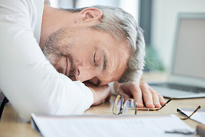 Buy stock photo Burnout, sleeping and tired business man at his desk for financial report, audit or tax documents with time management fail or mental health risk. Fatigue, depression and sad businessman in workplace